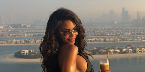 German singer Alicia Awa was seen wearing gold Miu Miu MU A51S 5AK20P rimless sunglasses with brown mirror lenses in Dubai, shared through her Instagram post, December 2025.