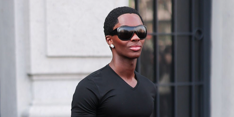Supermodel Alton Mason was seen wearing black Gucci GG2168S 006 shield sunglasses at the Gucci Fall/Winter 2026 fashion show during Milan Fashion Week.