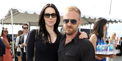 Actor Ben Foster, pictured with then partner Laura Prepon, was seen wearing Ray-Ban Aviator 3025 004/78 Polarised Grey/Blue Gradient sunglasses at the 32nd Annual Film Independent Spirit Awards