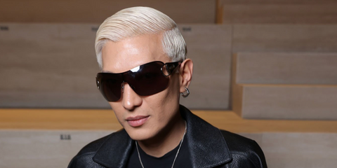 Celebrity fashion blogger Bryanboy was seen wearing Gucci GG2174S 001 shield sunglasses at the Gucci Fall/Winter 2026 fashion show during Milan Fashion Week.