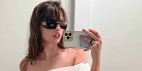 Ever Anderson was seen wearing gold Miu Miu Rimless Runway MU 54YS 5AK5S0 sunglasses in her Instagram post