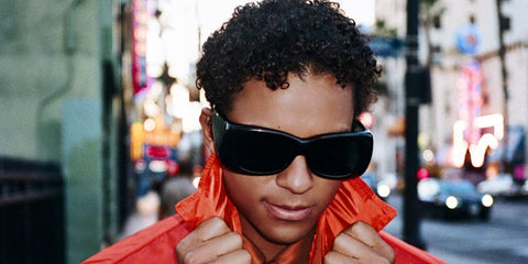 Actor and musician Jaafar Jackson was seen wearing black Saint Laurent Sun SL 901 HOWL 001 pillowed sunglasses in an Interview Magazine feature, April 2026 promoting his new film Michael about Michael Jackson.