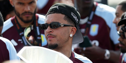 Footballer Jadon Sancho of Aston Villa was seen wearing black Gucci GG1661S 001 sunglasses while celebrating Aston Villa's victory at the Europa League 2026 in Birmingham, May 2026.