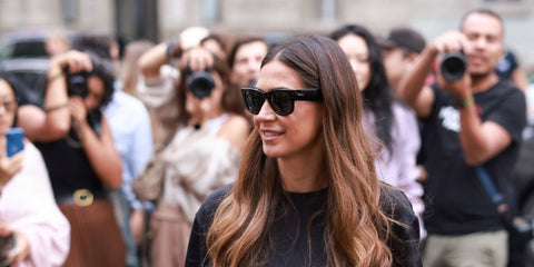 Italian model and TV presenter Melissa Satta was seen wearing black Ray-Ban Mega Wayfarer RB 0840S 901/31 sunglasses during Milan Fashion Week season Spring/Summer 2024