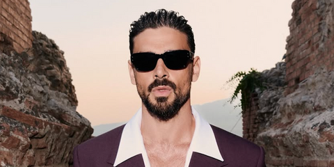 Michele Morrone was seen wearing black Dolce&Gabbana DG4483 501/87 sunglasses at the Dolce & Gabbana Alta Sartoria show in Taormina, Italy, July 2026.