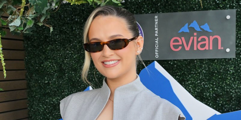 Molly-Mae Hague was seen wearing tortoiseshell Saint Laurent Sun SL 557 Shade 002 sunglasses at the Wimbledon Tennis Championship 2026.