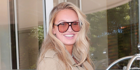 Dutch model Romee Strijd was seen wearing tortoiseshell Saint Laurent Sun SL 596 Dune 003 aviator sunglasses with light brown lenses at Hotel Martinez during Cannes Film Festival 2026.