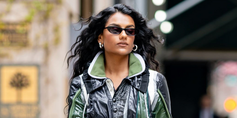 Simone Ashley was seen wearing black Saint Laurent Sun SL 557 Shade 001 sunglasses in New York City, April 2026 promoting The Devil Wears Prada 2