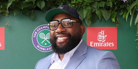 South African retired rugby player Tendai Mtawarira was seen wearing black and gold Cazal Legends Mod 607 1 optical glasses at the Wimbledon Tennis Championships 2026.