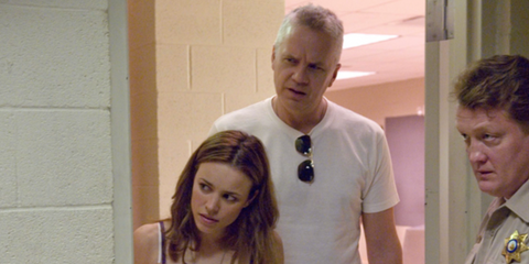 Actor Tim Robbins, pictured with co=star Rachel McAdams, was seen wearing Ray-Ban Caravan RB 3136 181 sunglasses on his t-shirt neckline in 2007 comedy movie The Lucky Ones